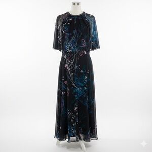 Teri Jon Rickie Freeman Floral Chiffon Capelet Gown Beaded Neckline Size 12 Gown